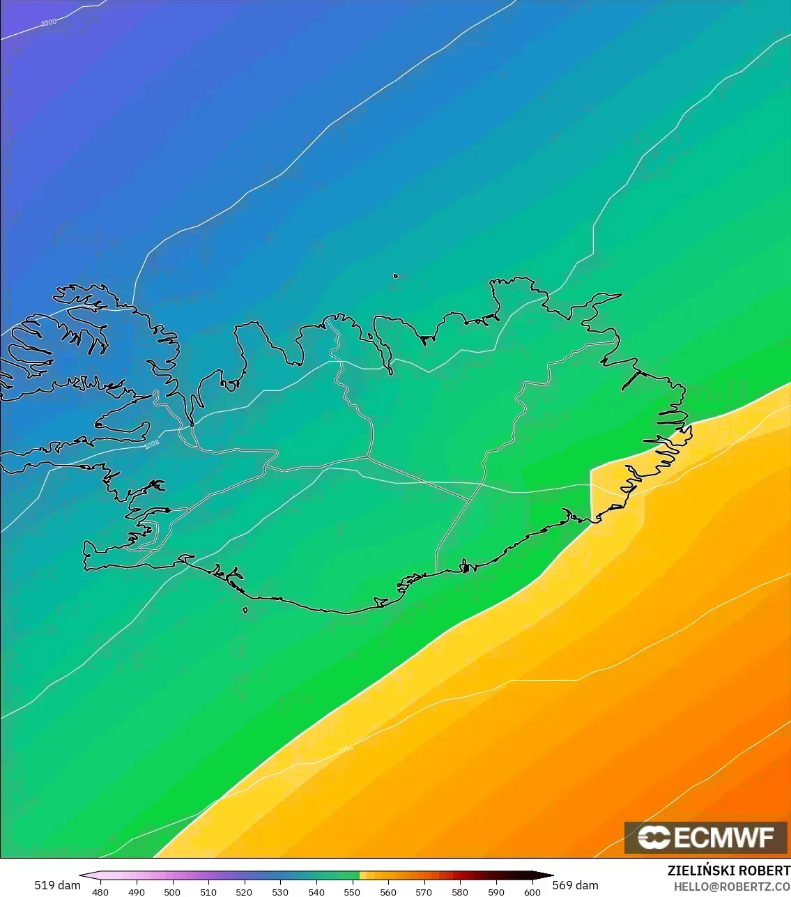 ECMWF IFS 0,25° modelo - Islândia, Altura geopotencial a 500 hPa