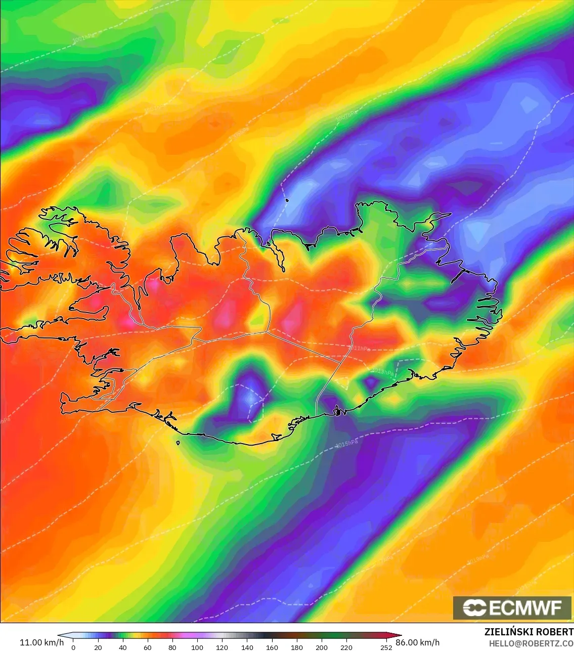 ECMWF IFS 0,25° modelo - Islândia, Rajadas de Vento Máximas