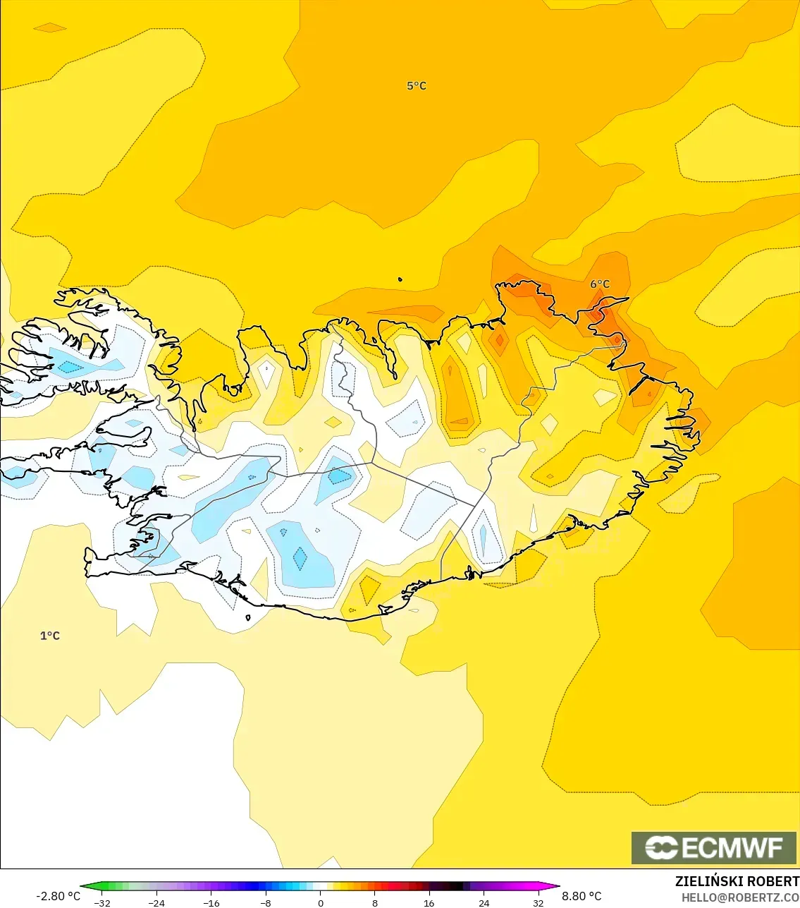 ECMWF IFS 0,25° modelo - Islândia, Anomalia de temperatura a 2 m