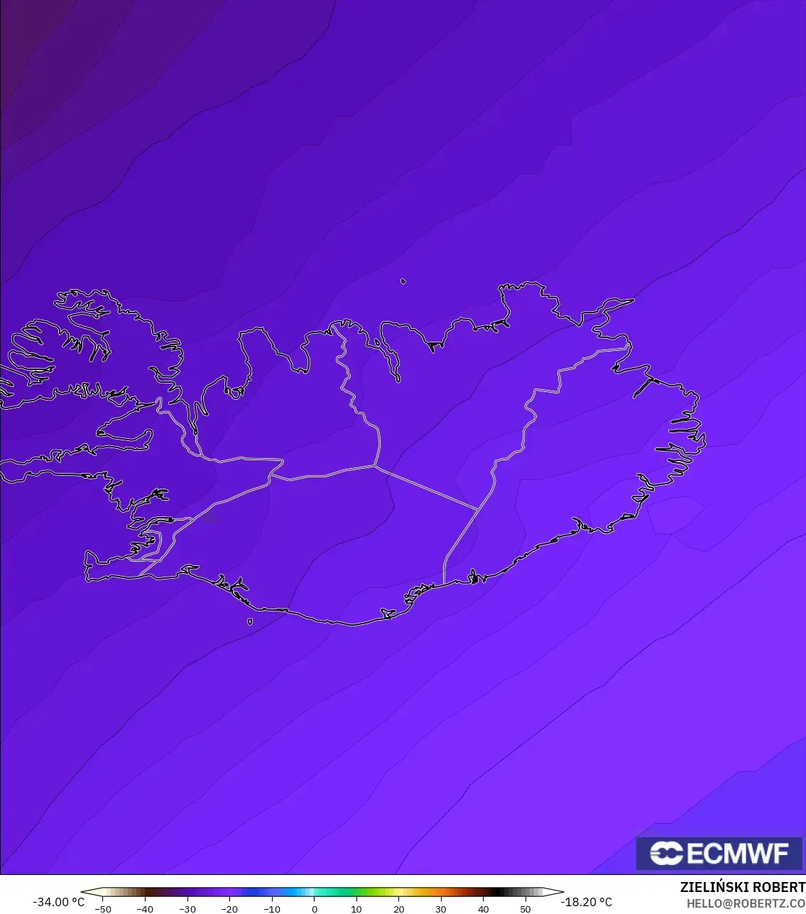 ECMWF IFS 0,25° modelo - Islândia, Temperatura a 500 hPa