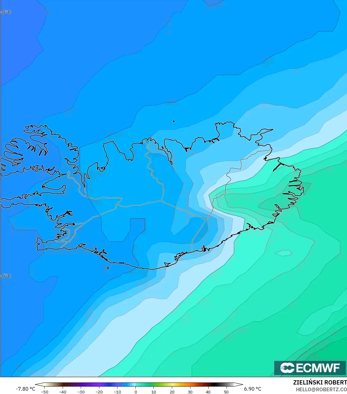 ECMWF IFS 0,25° modelo - Islândia, Temperatura a 850 hPa