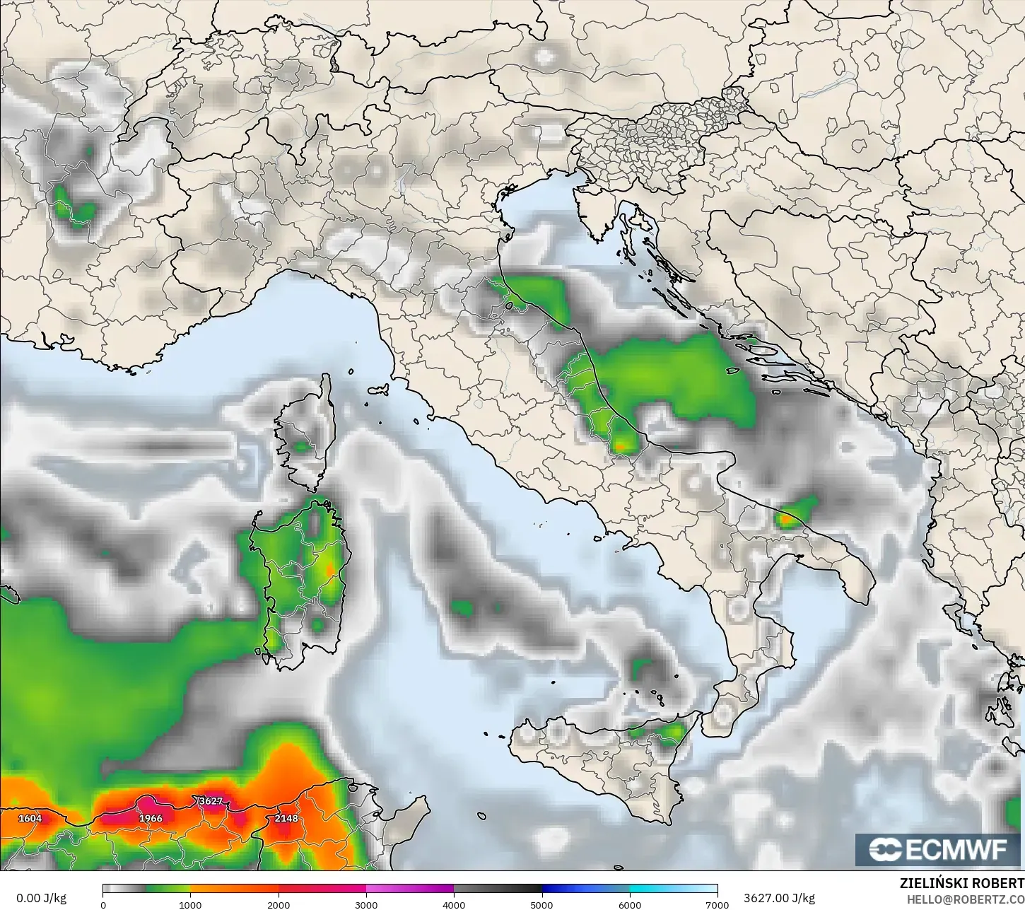 ECMWF IFS 0,25° modelo - Itália, CAPE