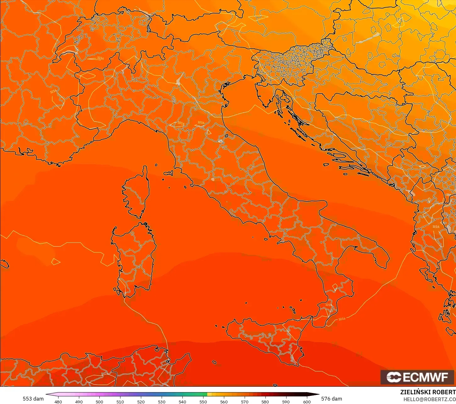 ECMWF IFS 0,25° modelo - Itália, Altura geopotencial a 500 hPa