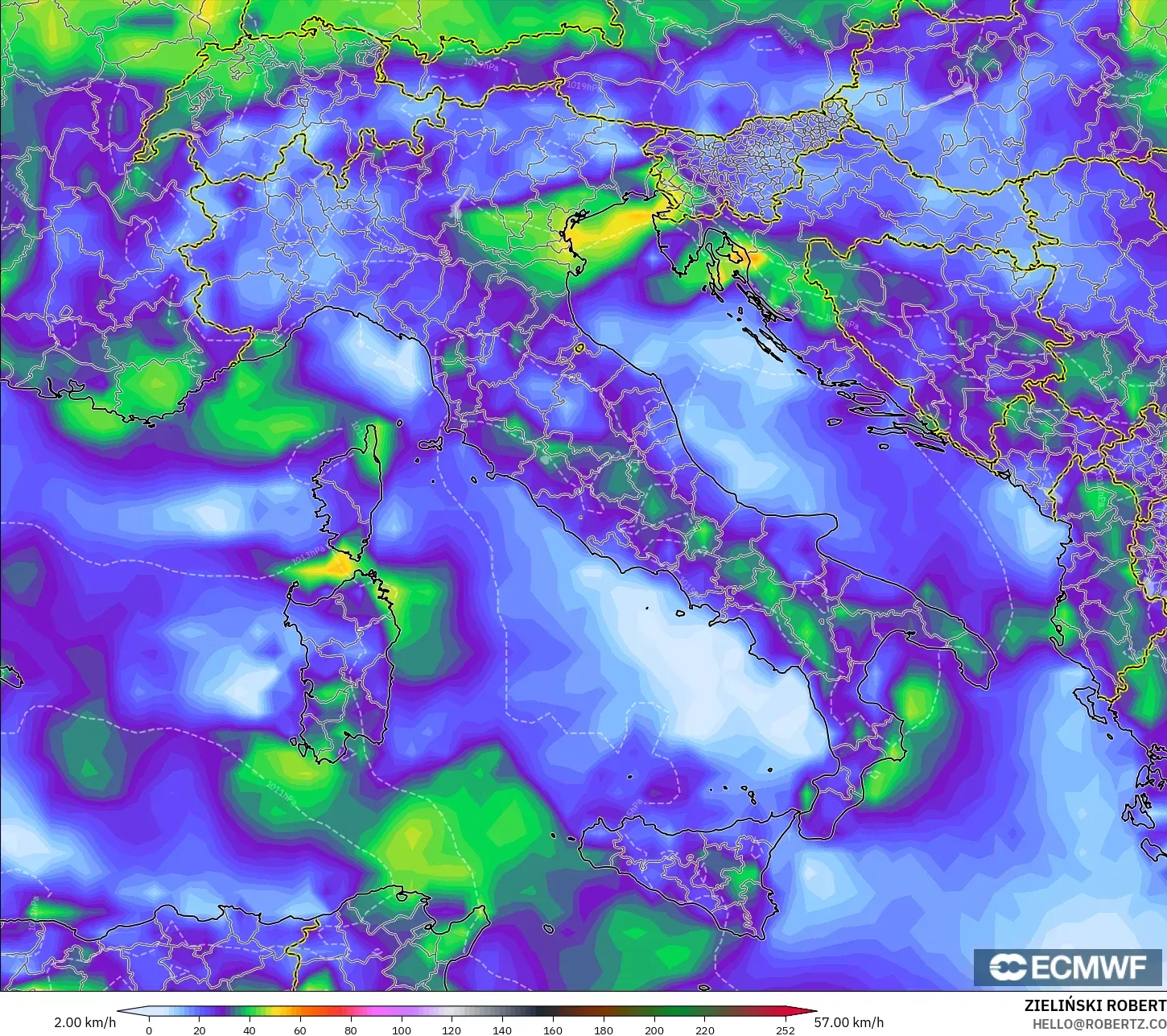 ECMWF IFS 0,25° modelo - Itália, Rajadas de Vento Máximas