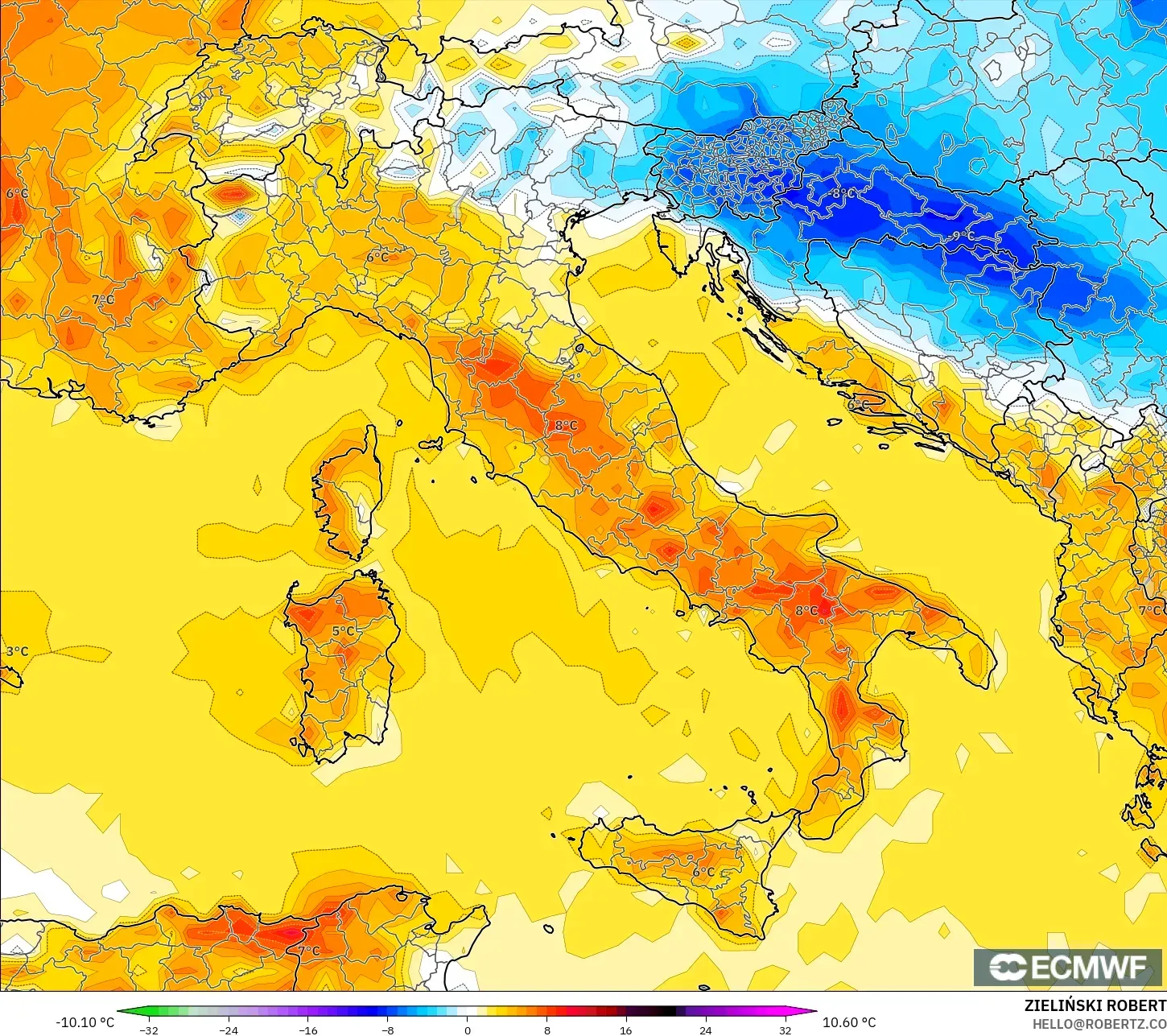 ECMWF IFS 0,25° modelo - Itália, Anomalia de temperatura a 2 m