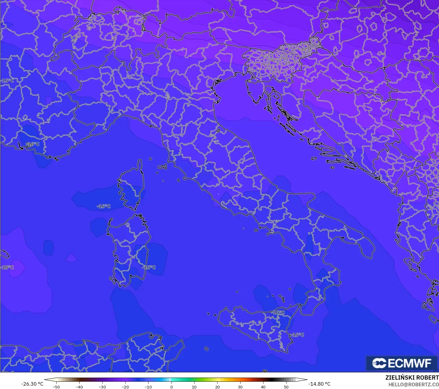ECMWF IFS 0,25° modelo - Itália, Temperatura a 500 hPa