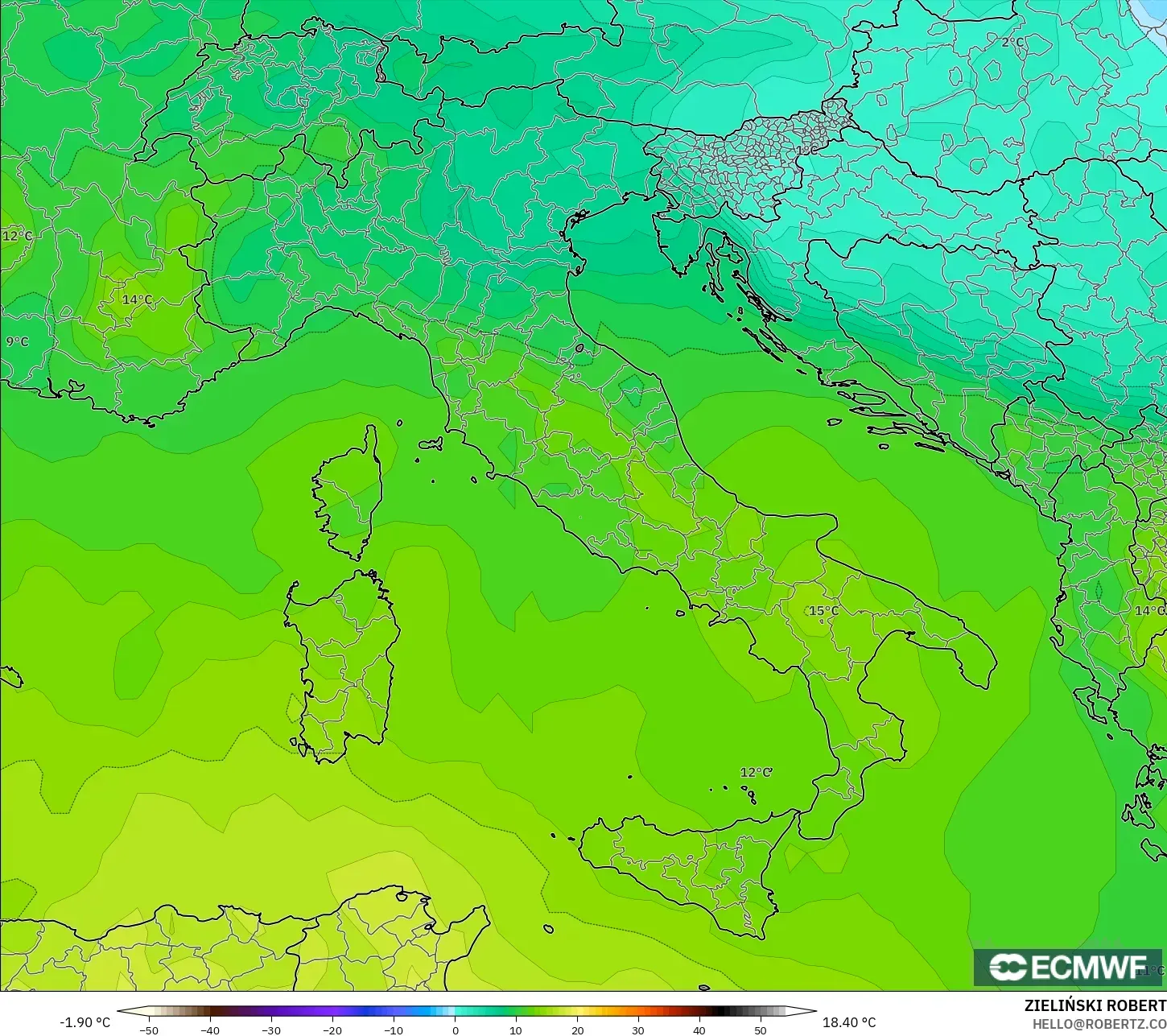 ECMWF IFS 0,25° modelo - Itália, Temperatura a 850 hPa