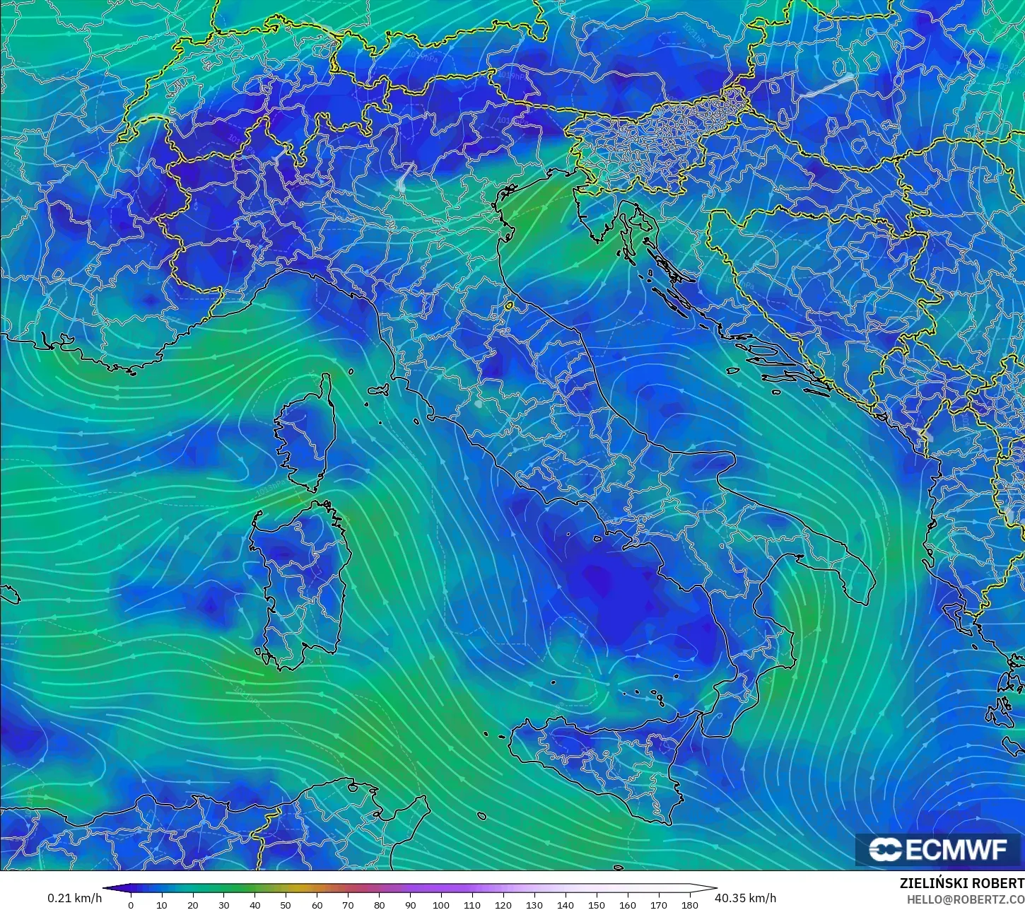 ECMWF IFS 0,25° modelo - Itália, Vento a 10 m