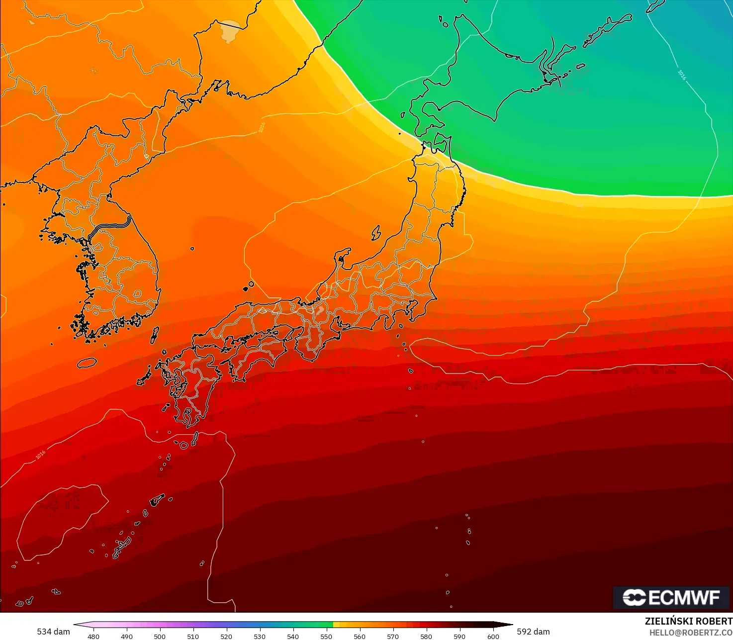ECMWF IFS 0,25° modelo - Japão, Altura geopotencial a 500 hPa