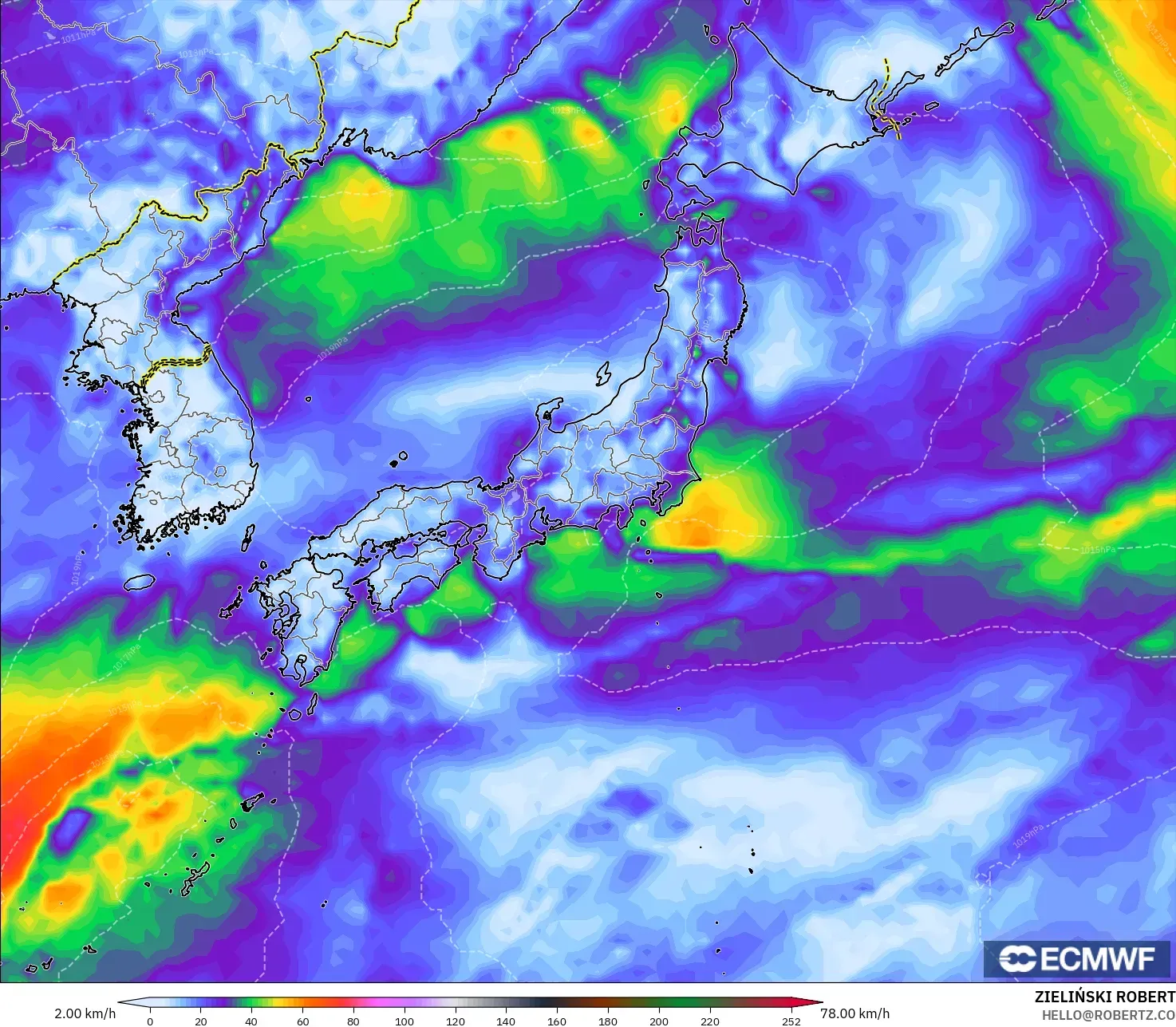 ECMWF IFS 0,25° modelo - Japão, Rajadas de vento