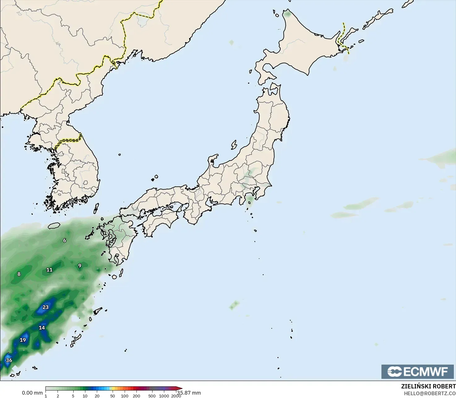 ECMWF IFS 0,25° modelo - Japão, Acúmulo de precipitação