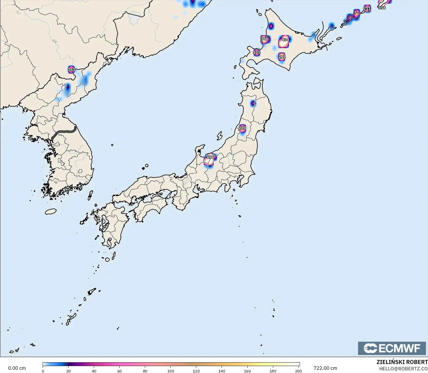 ECMWF IFS 0,25° modelo - Japão, Profundidade da neve