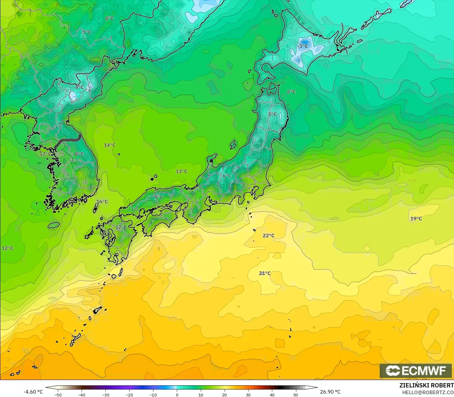 ECMWF IFS 0,25° modelo - Japão, Temperatura a 2 m