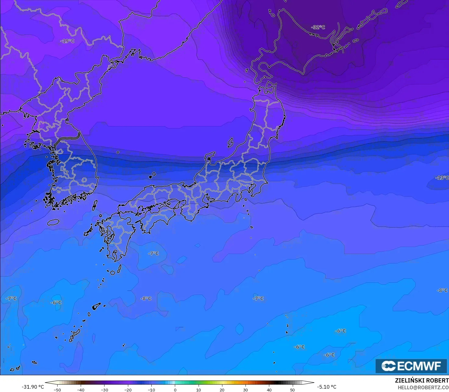 ECMWF IFS 0,25° modelo - Japão, Temperatura a 500 hPa
