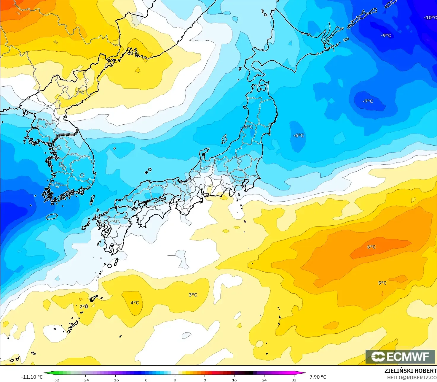 ECMWF IFS 0,25° modelo - Japão, Anomalia de temperatura a 850 hPa