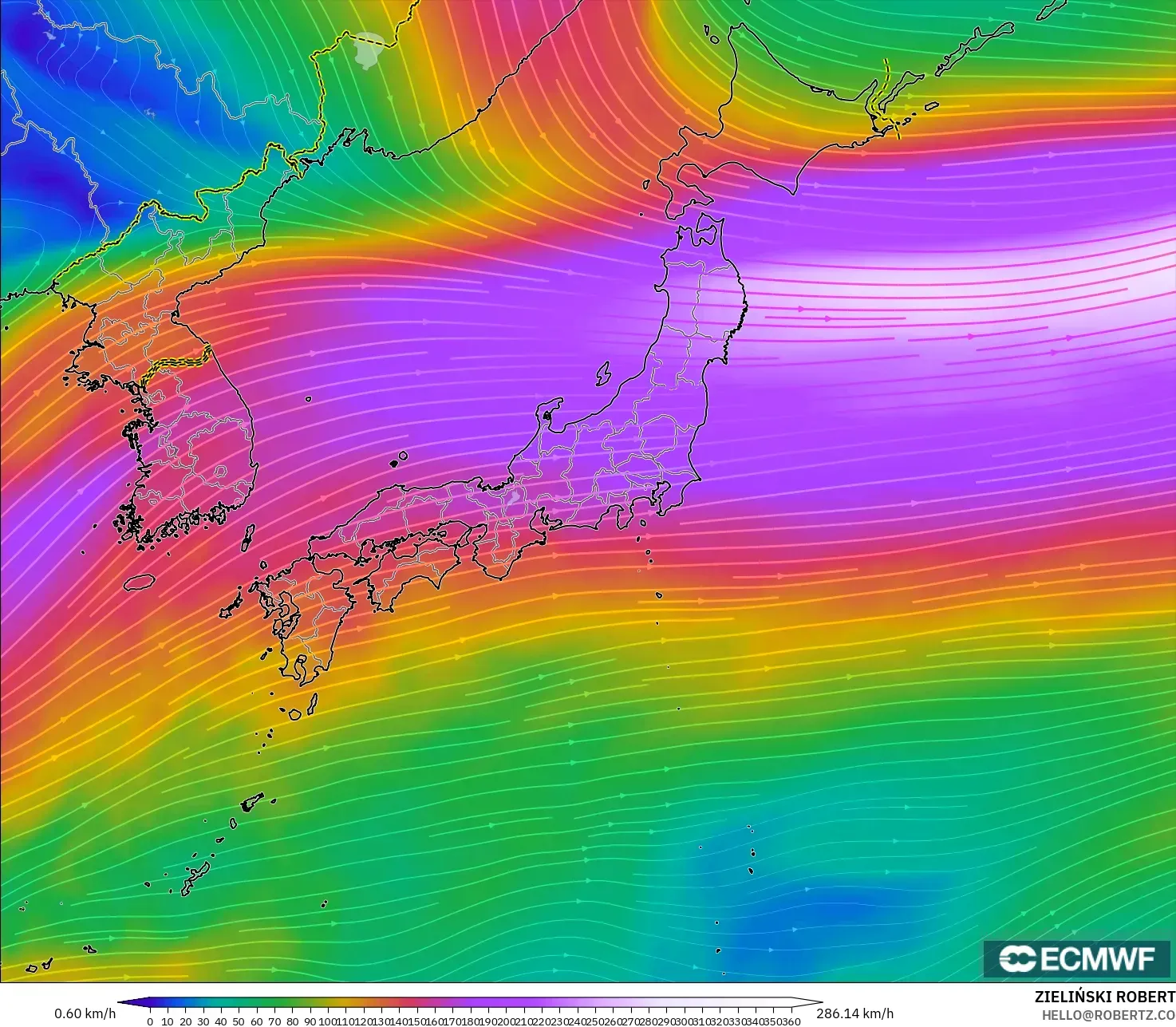 ECMWF IFS 0,25° modelo - Japão, Vento a 300 hPa (corrente em jato)