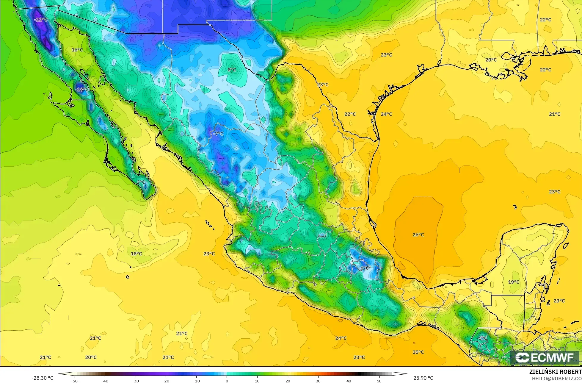 ECMWF IFS 0,25° modelo - México, Ponto de orvalho a 2 m