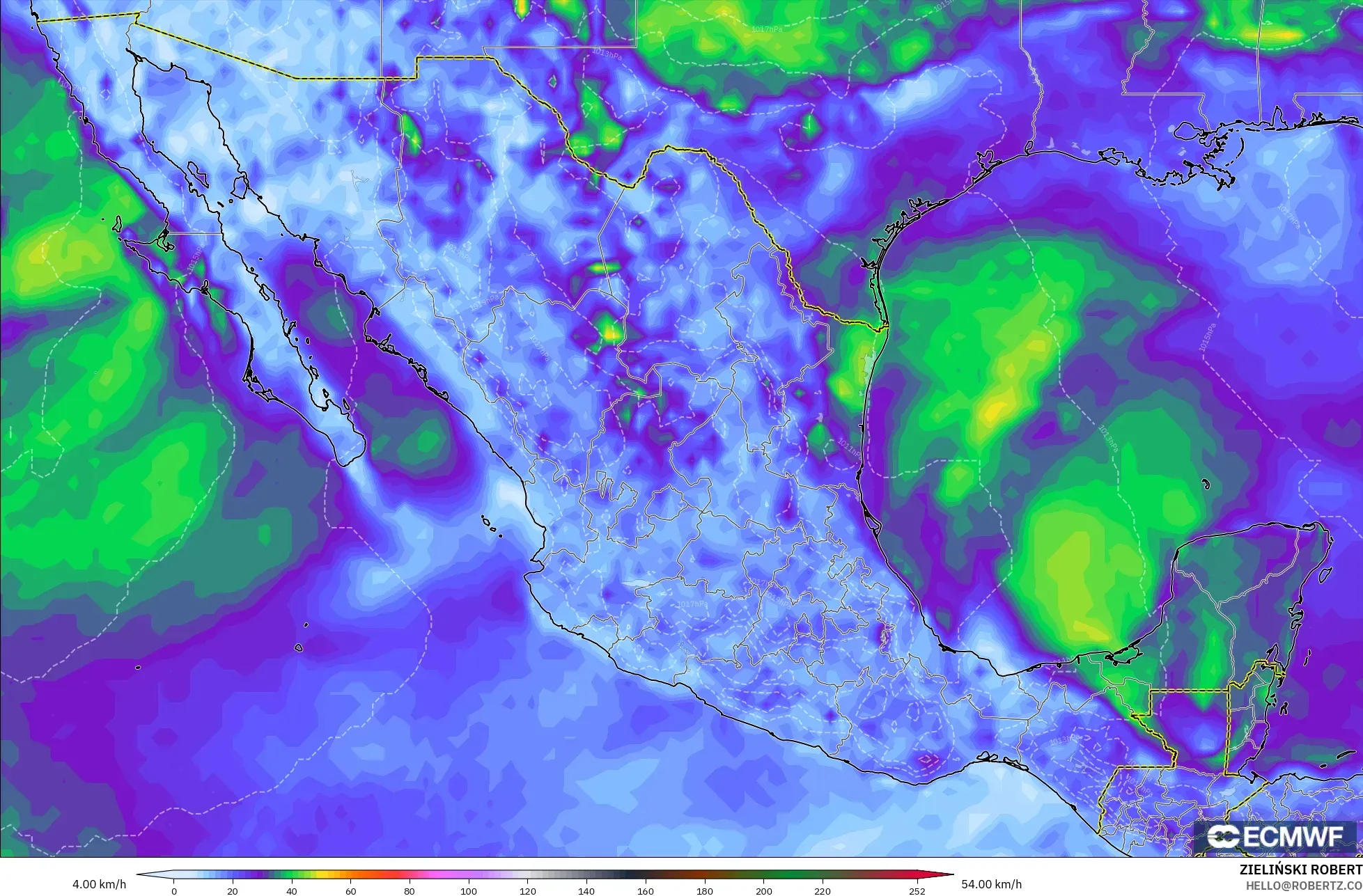 ECMWF IFS 0,25° modelo - México, Rajadas de Vento Máximas