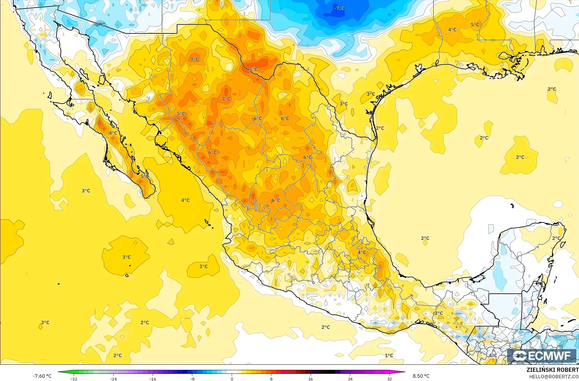 ECMWF IFS 0,25° modelo - México, Anomalia de temperatura a 2 m