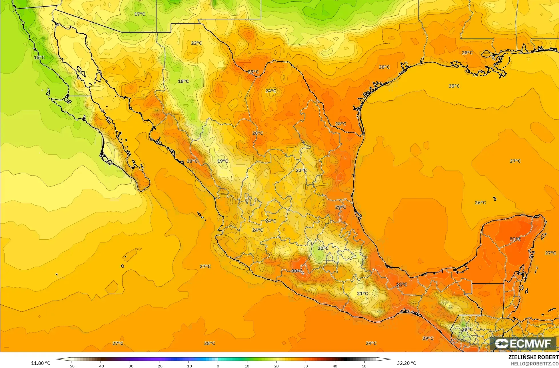ECMWF IFS 0,25° modelo - México, Temperatura a 2 m