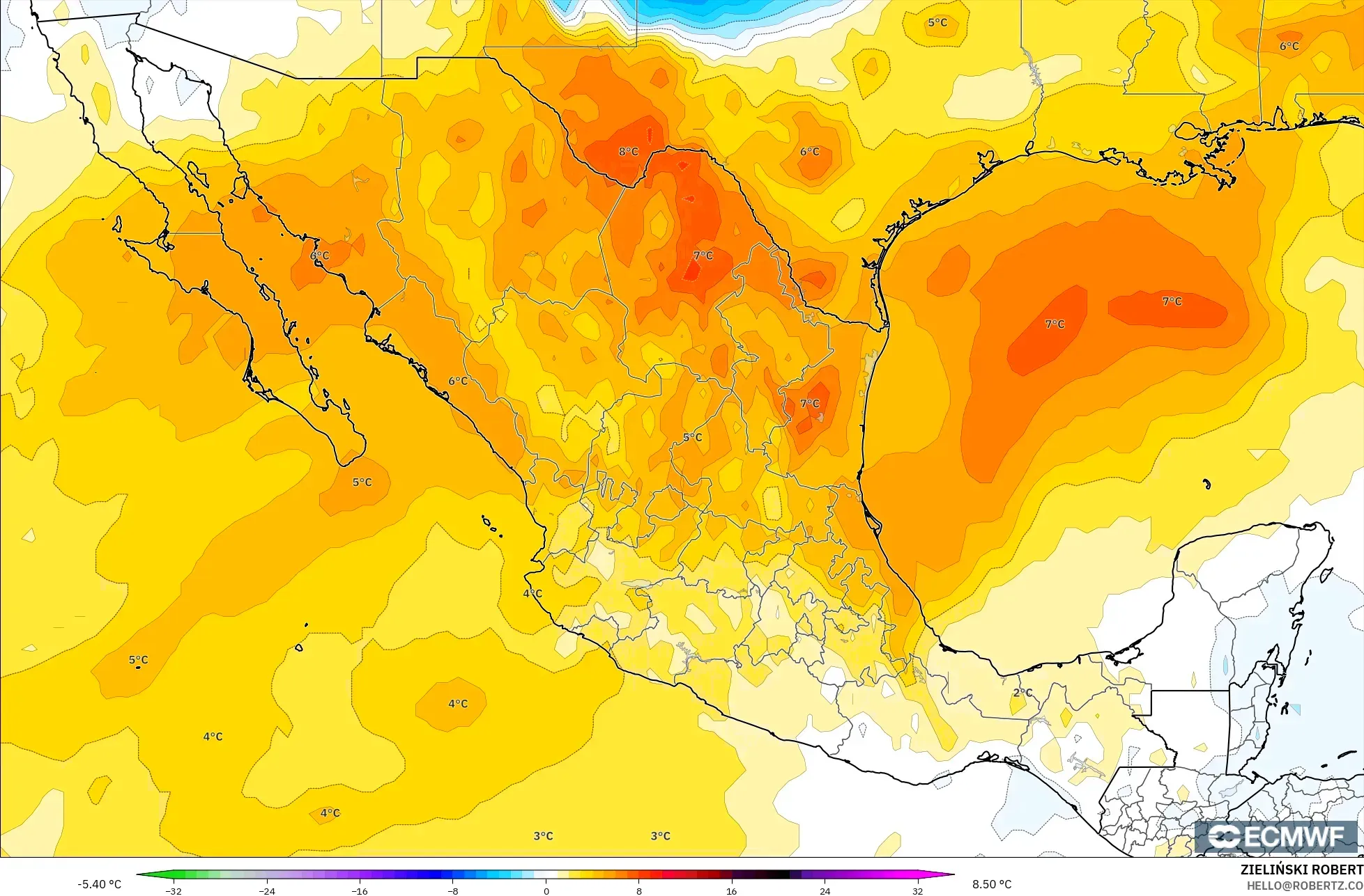 ECMWF IFS 0,25° modelo - México, Anomalia de temperatura a 850 hPa