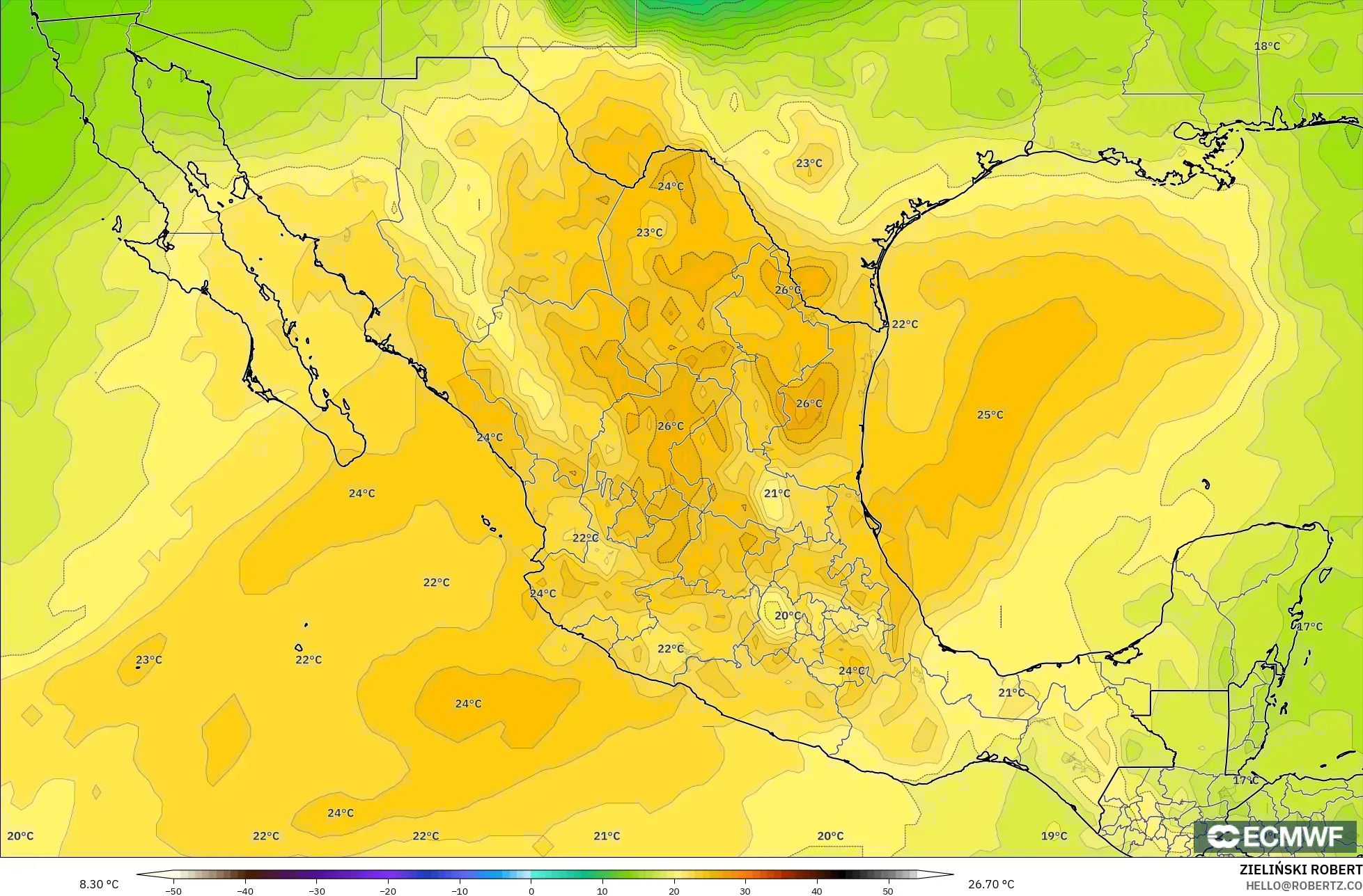 ECMWF IFS 0,25° modelo - México, Temperatura a 850 hPa