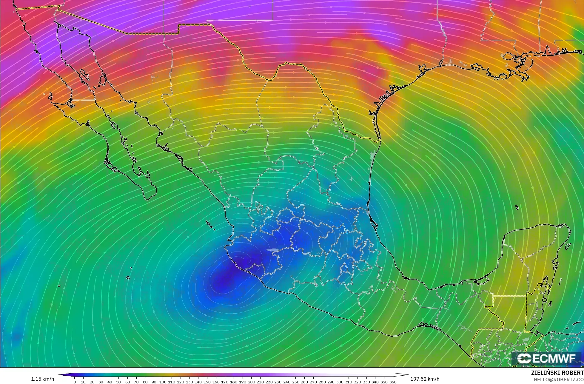 ECMWF IFS 0,25° modelo - México, Vento a 300 hPa (corrente em jato)