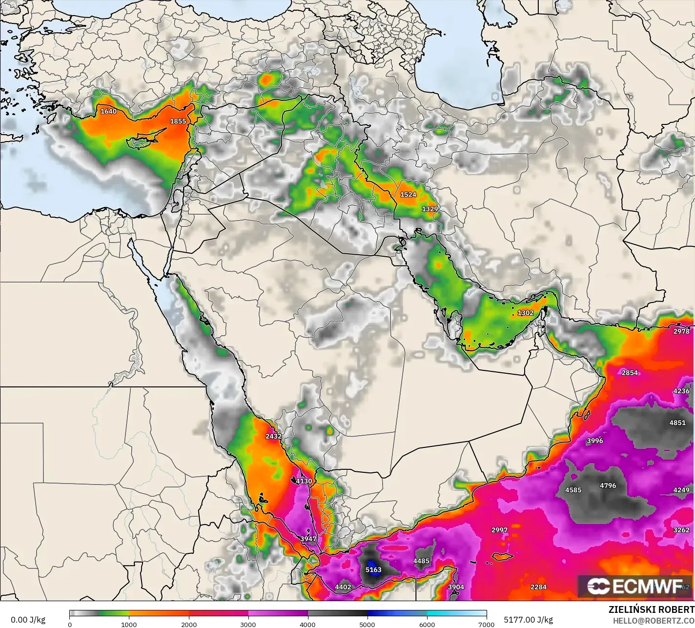ECMWF IFS 0,25° modelo - Oriente Médio, CAPE