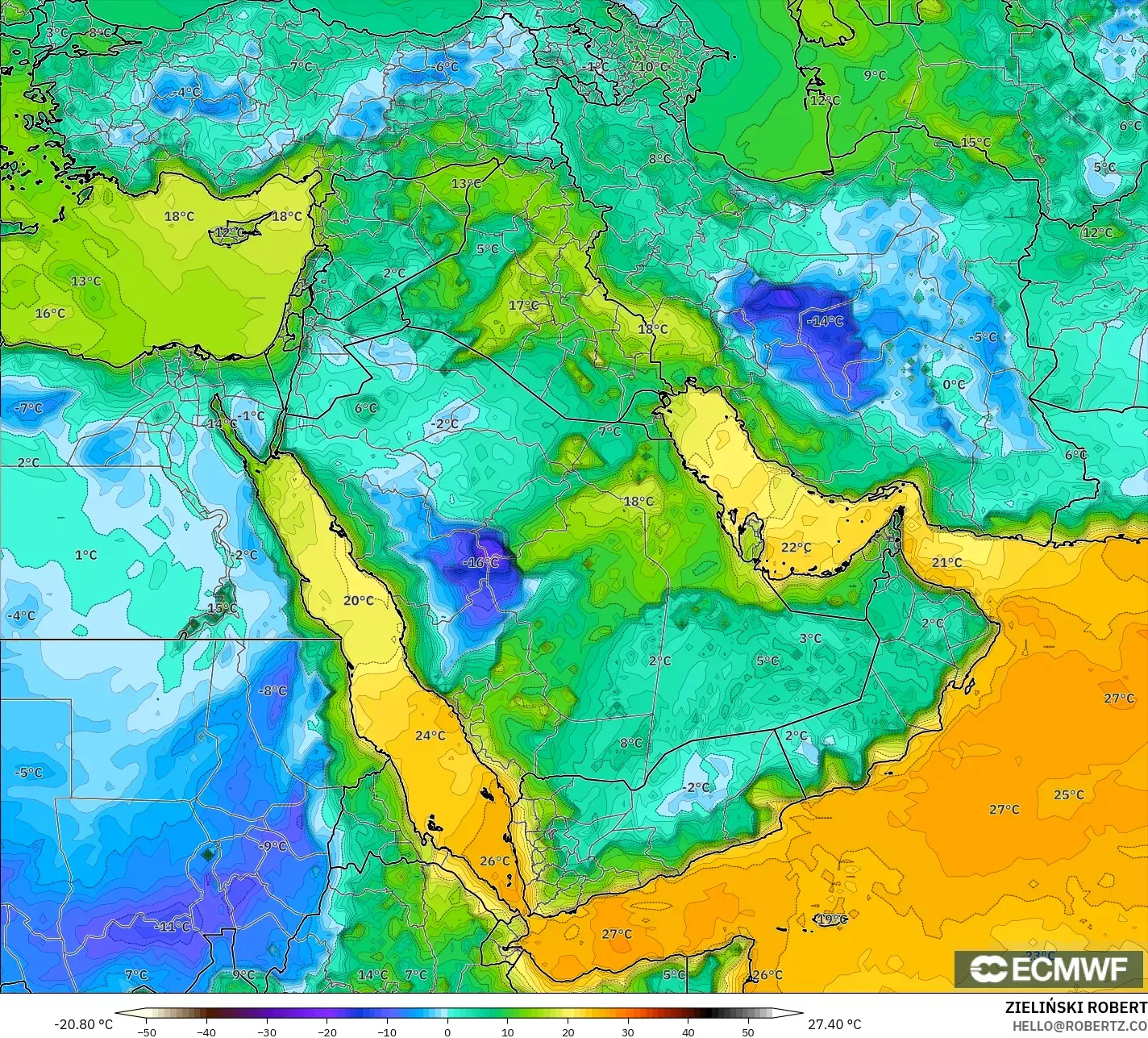 ECMWF IFS 0,25° modelo - Oriente Médio, Ponto de orvalho a 2 m