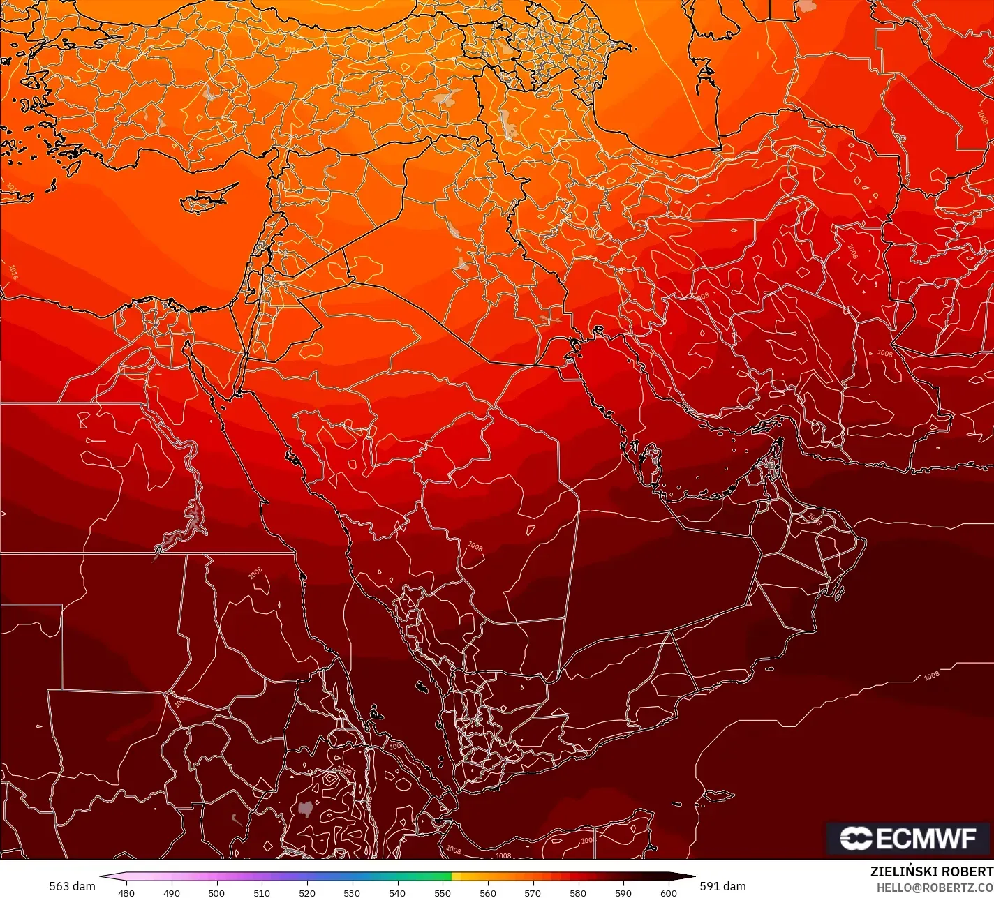 ECMWF IFS 0,25° modelo - Oriente Médio, Altura geopotencial a 500 hPa