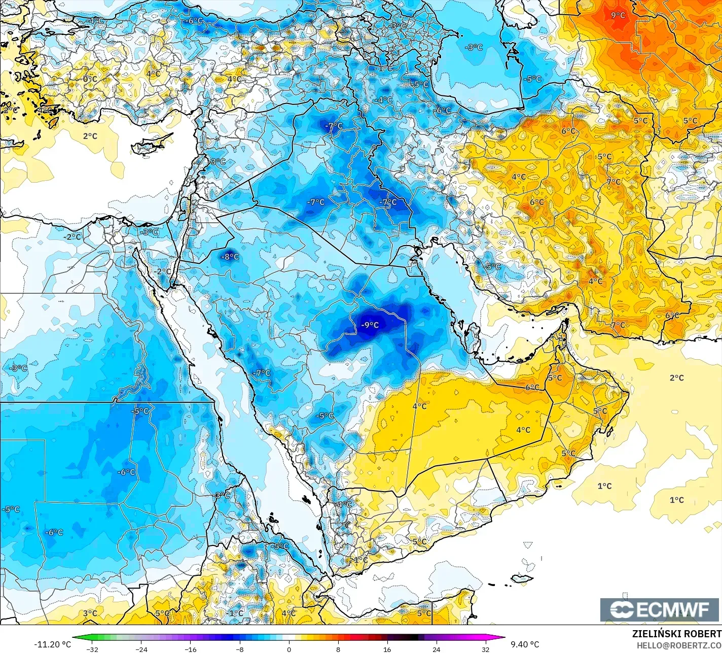 ECMWF IFS 0,25° modelo - Oriente Médio, Anomalia de temperatura a 2 m