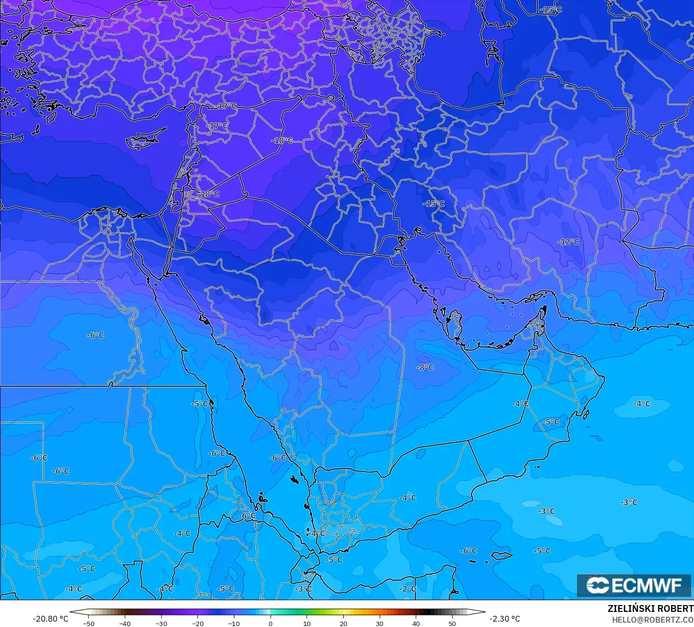 ECMWF IFS 0,25° modelo - Oriente Médio, Temperatura a 500 hPa