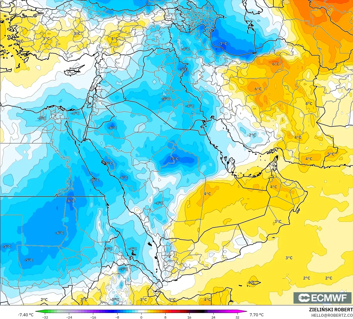 ECMWF IFS 0,25° modelo - Oriente Médio, Anomalia de temperatura a 850 hPa
