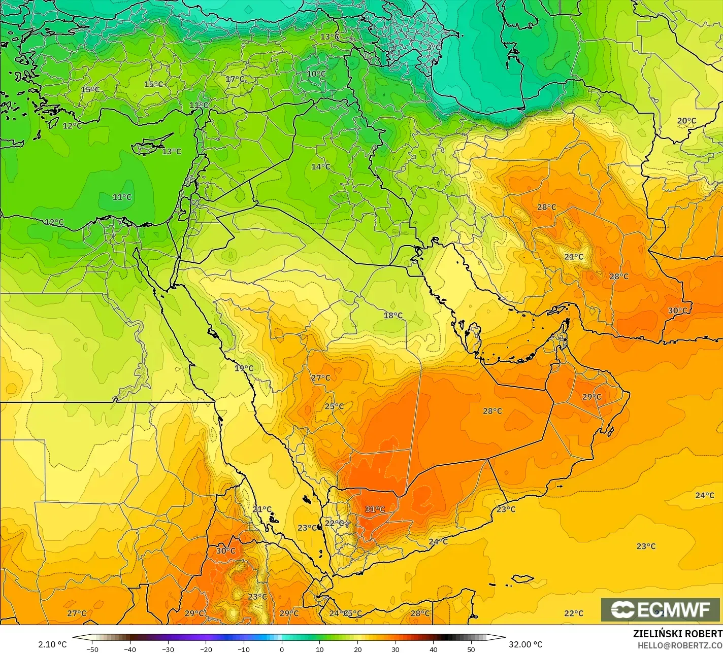 ECMWF IFS 0,25° modelo - Oriente Médio, Temperatura a 850 hPa