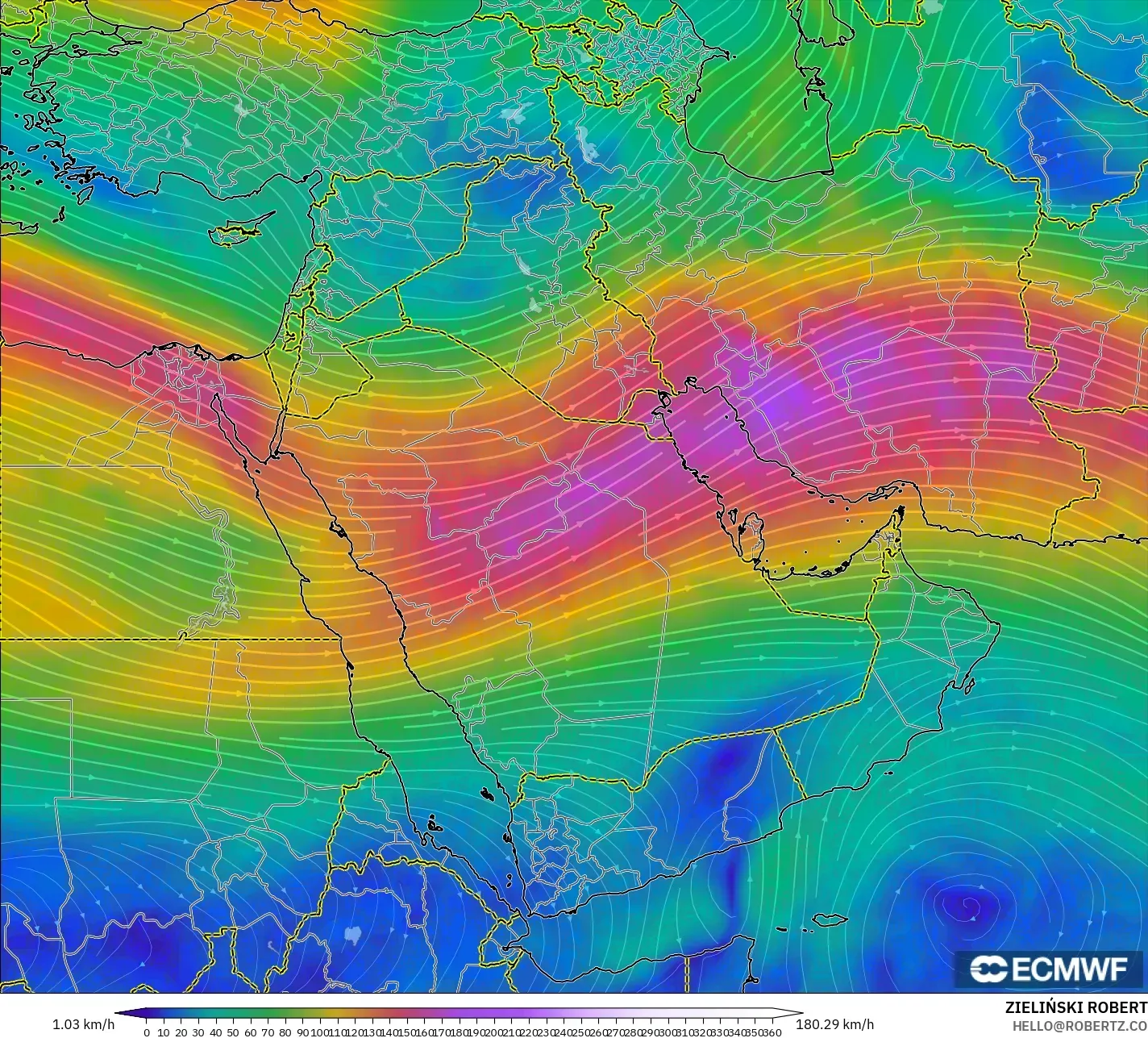 ECMWF IFS 0,25° modelo - Oriente Médio, Vento a 300 hPa (corrente em jato)