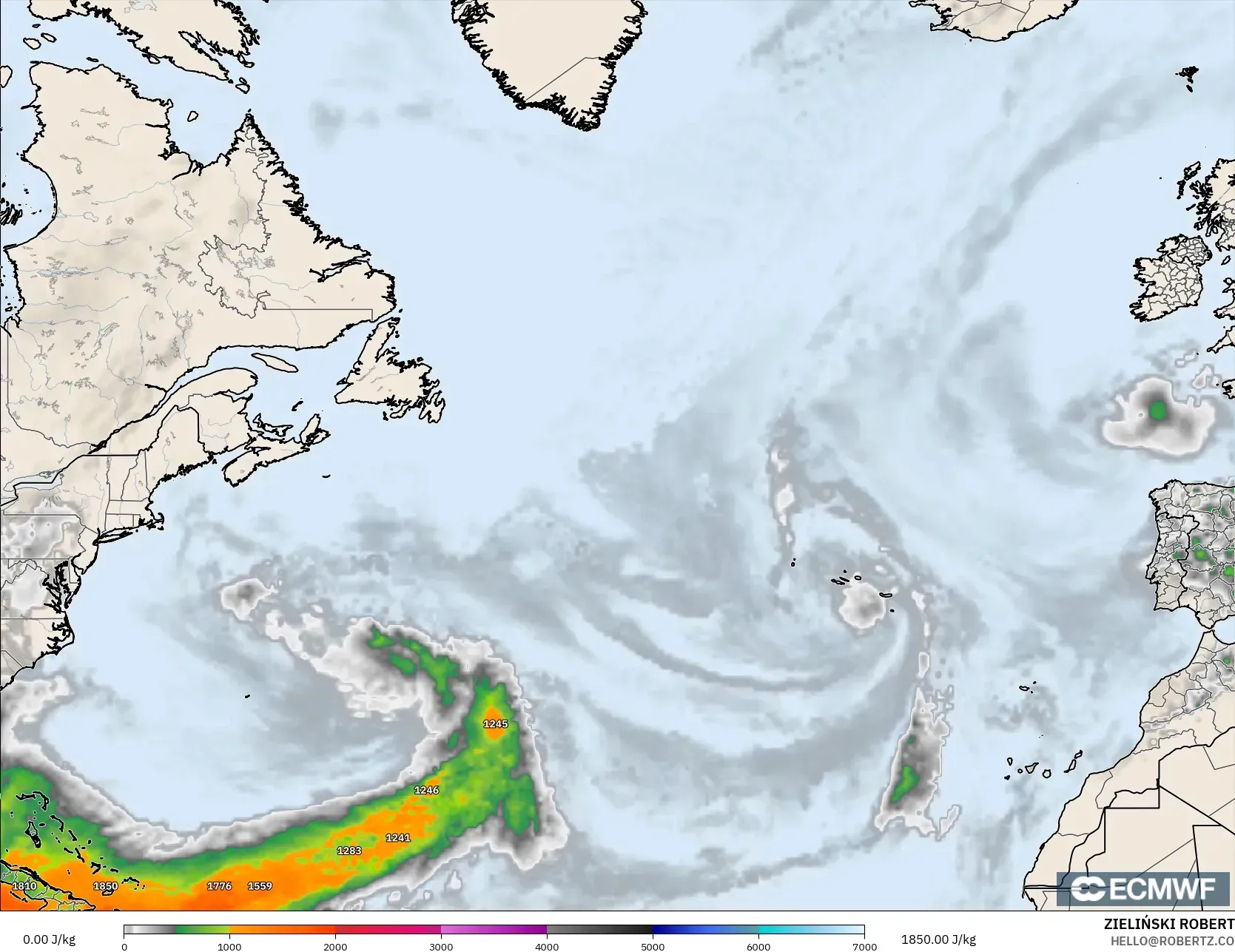 ECMWF IFS 0,25° modelo - Atlântico Norte, CAPE