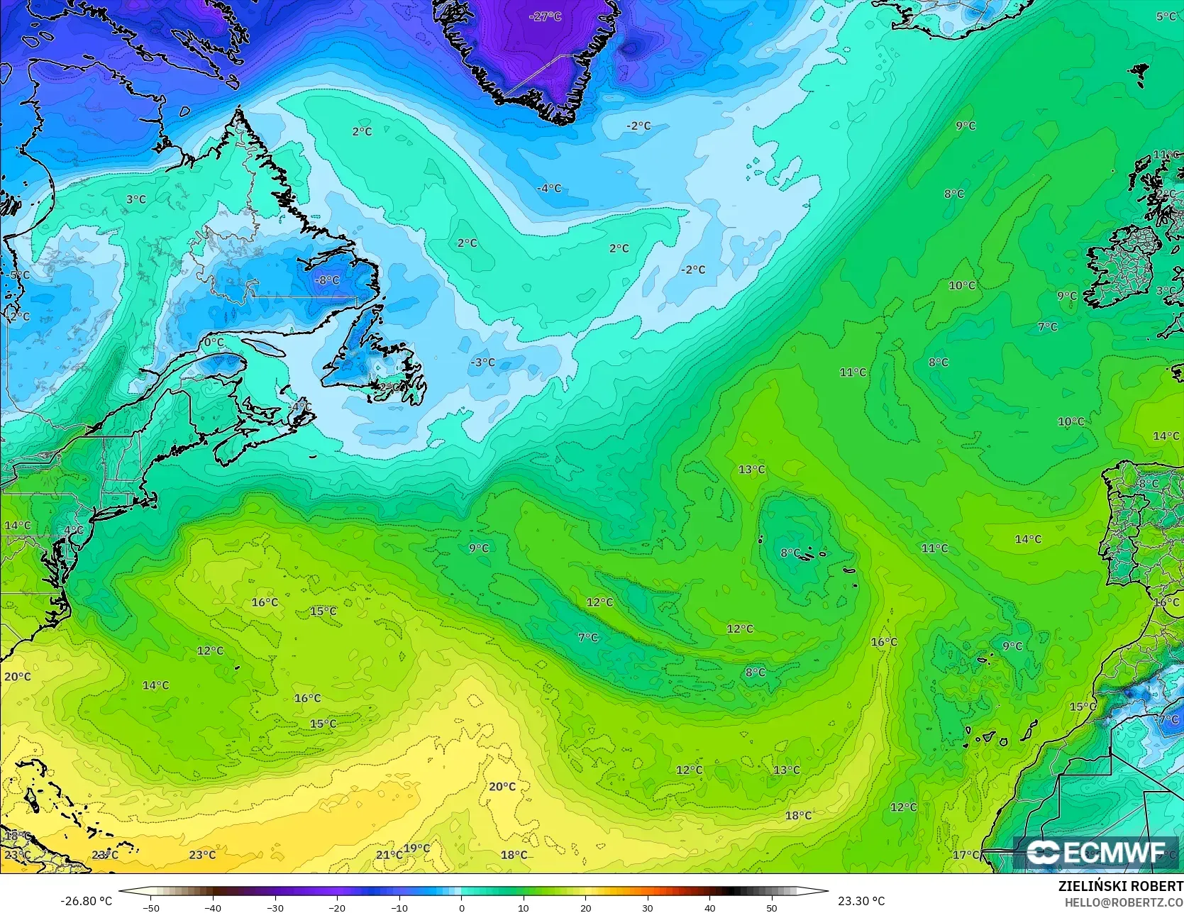 ECMWF IFS 0,25° modelo - Atlântico Norte, Ponto de orvalho a 2 m