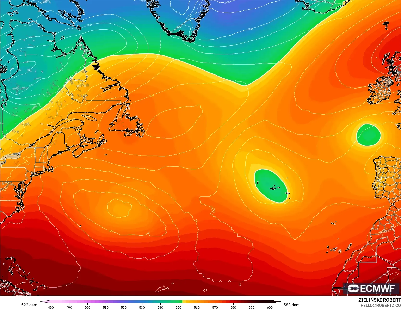 ECMWF IFS 0,25° modelo - Atlântico Norte, Altura geopotencial a 500 hPa