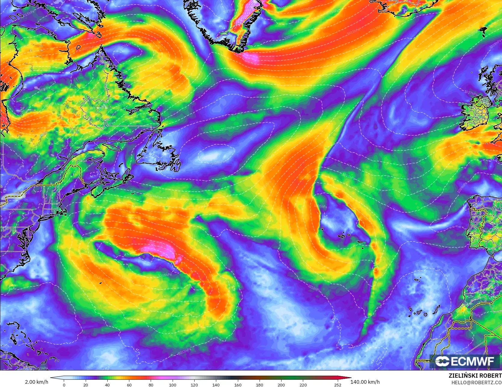 ECMWF IFS 0,25° modelo - Atlântico Norte, Rajadas de Vento Máximas