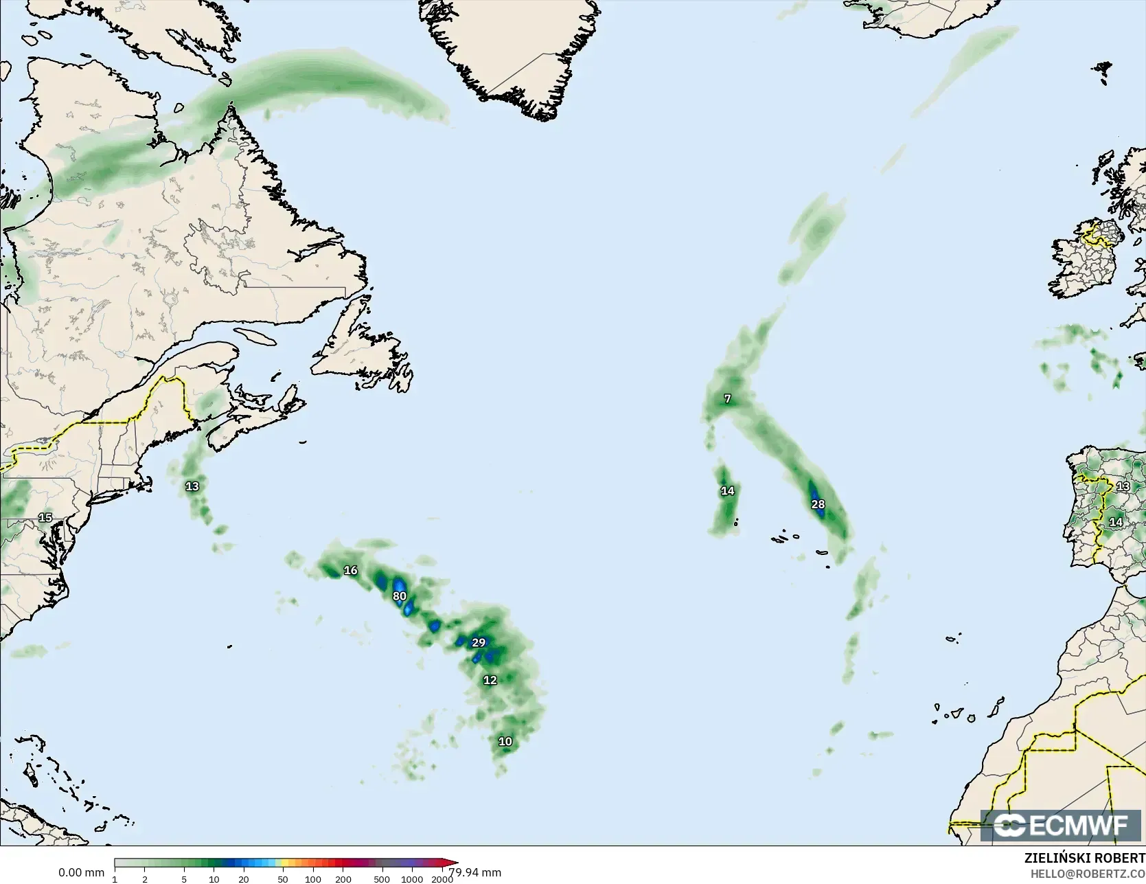 ECMWF IFS 0,25° modelo - Atlântico Norte, Acúmulo de precipitação