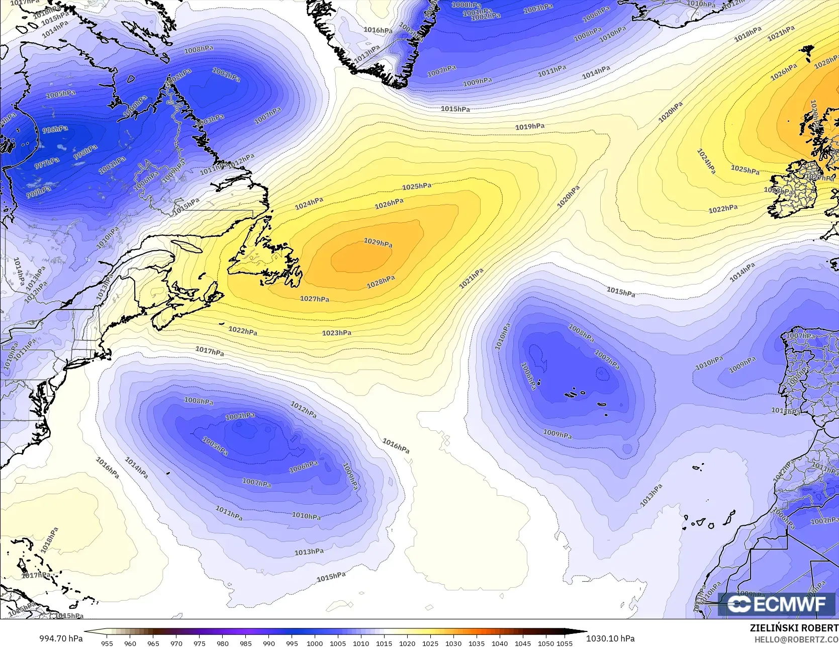 ECMWF IFS 0,25° modelo - Atlântico Norte, Pressão