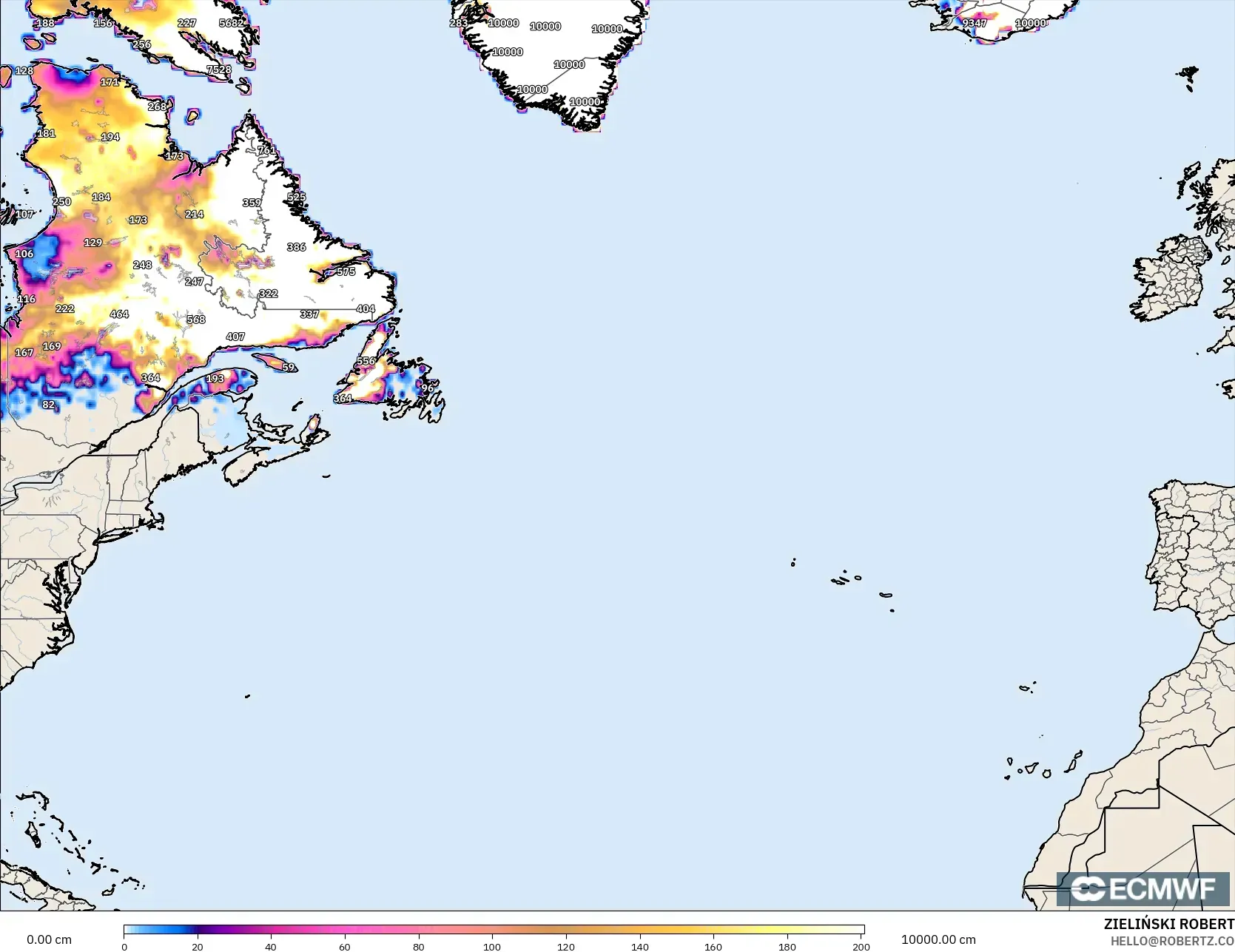 ECMWF IFS 0,25° modelo - Atlântico Norte, Profundidade da neve