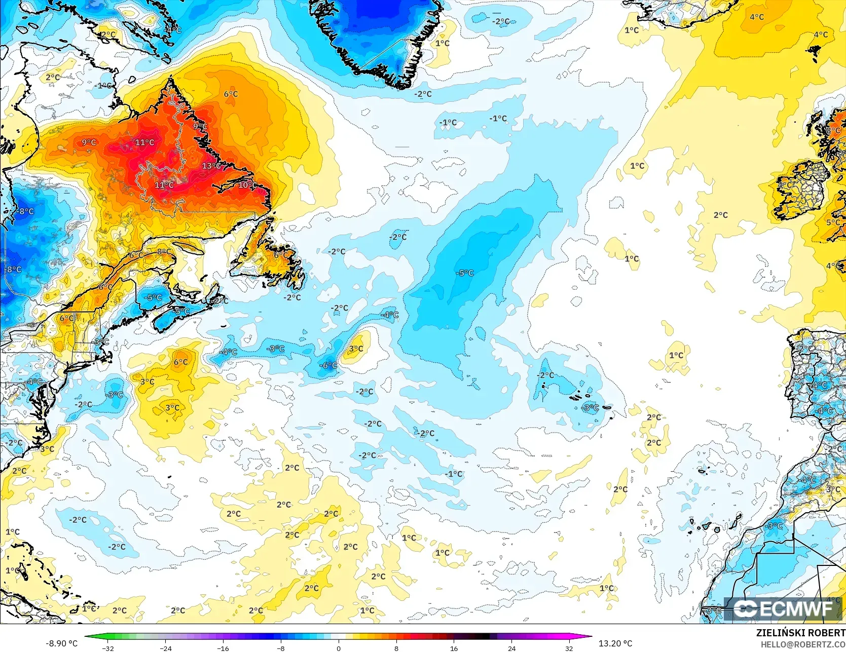 ECMWF IFS 0,25° modelo - Atlântico Norte, Anomalia de temperatura a 2 m
