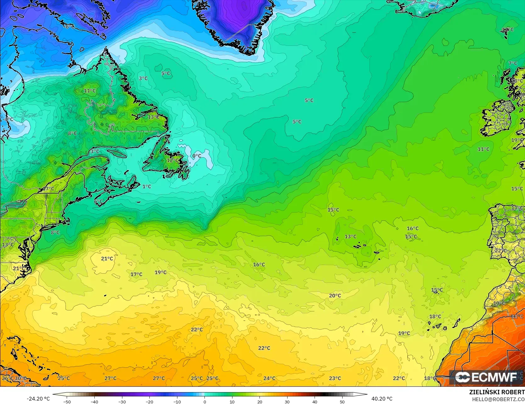 ECMWF IFS 0,25° modelo - Atlântico Norte, Temperatura a 2 m