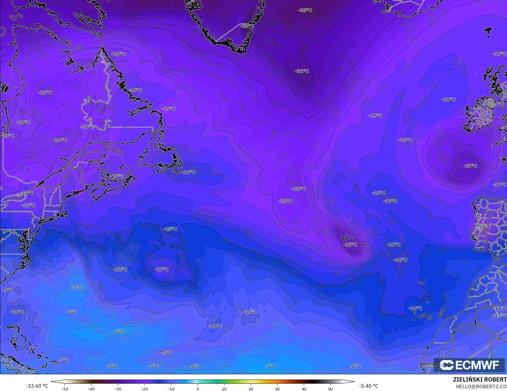 ECMWF IFS 0,25° modelo - Atlântico Norte, Temperatura a 500 hPa