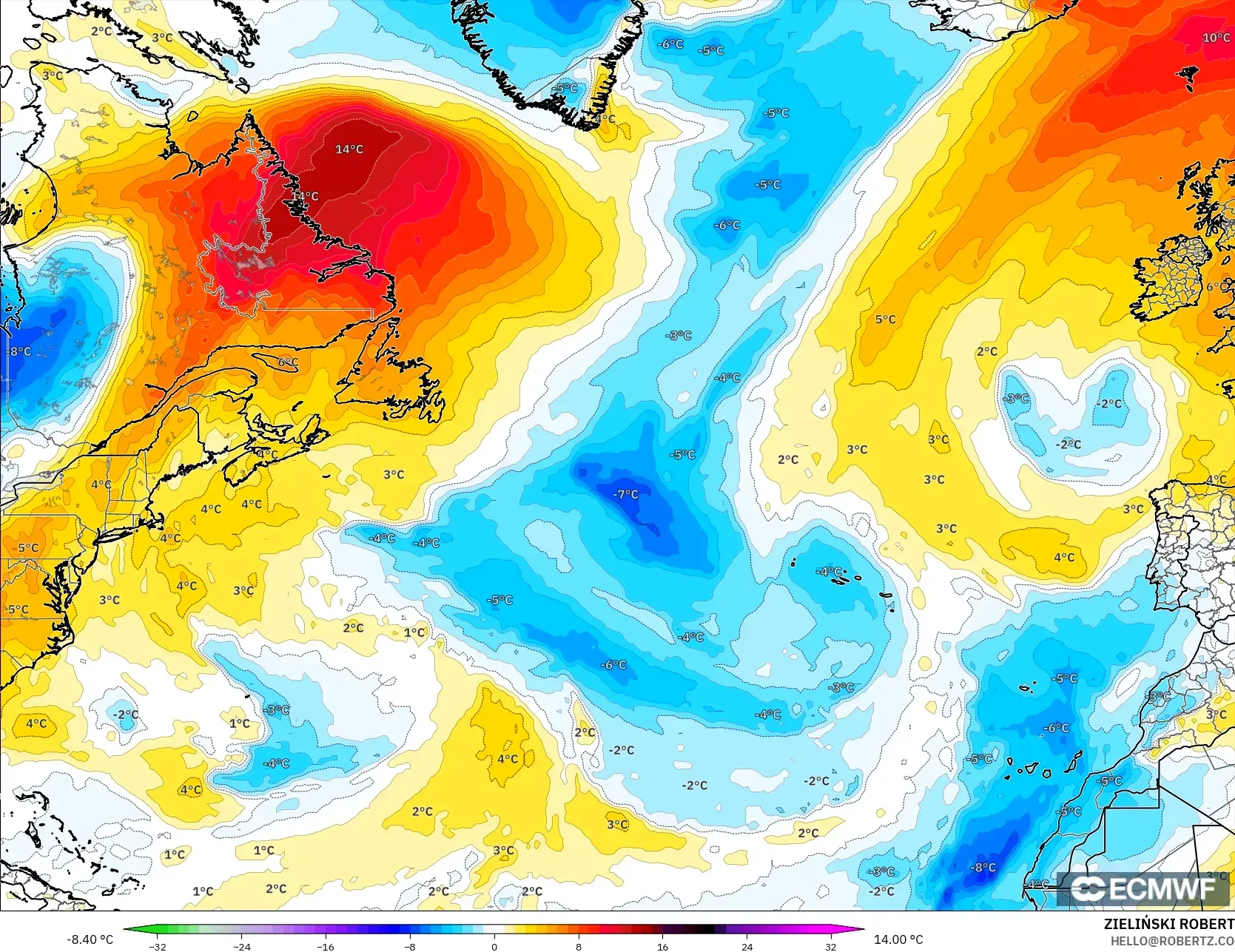 ECMWF IFS 0,25° modelo - Atlântico Norte, Anomalia de temperatura a 850 hPa