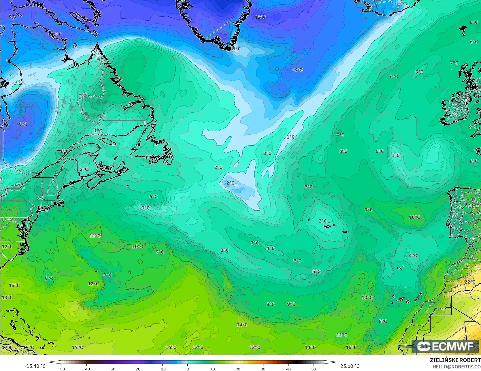 ECMWF IFS 0,25° modelo - Atlântico Norte, Temperatura a 850 hPa