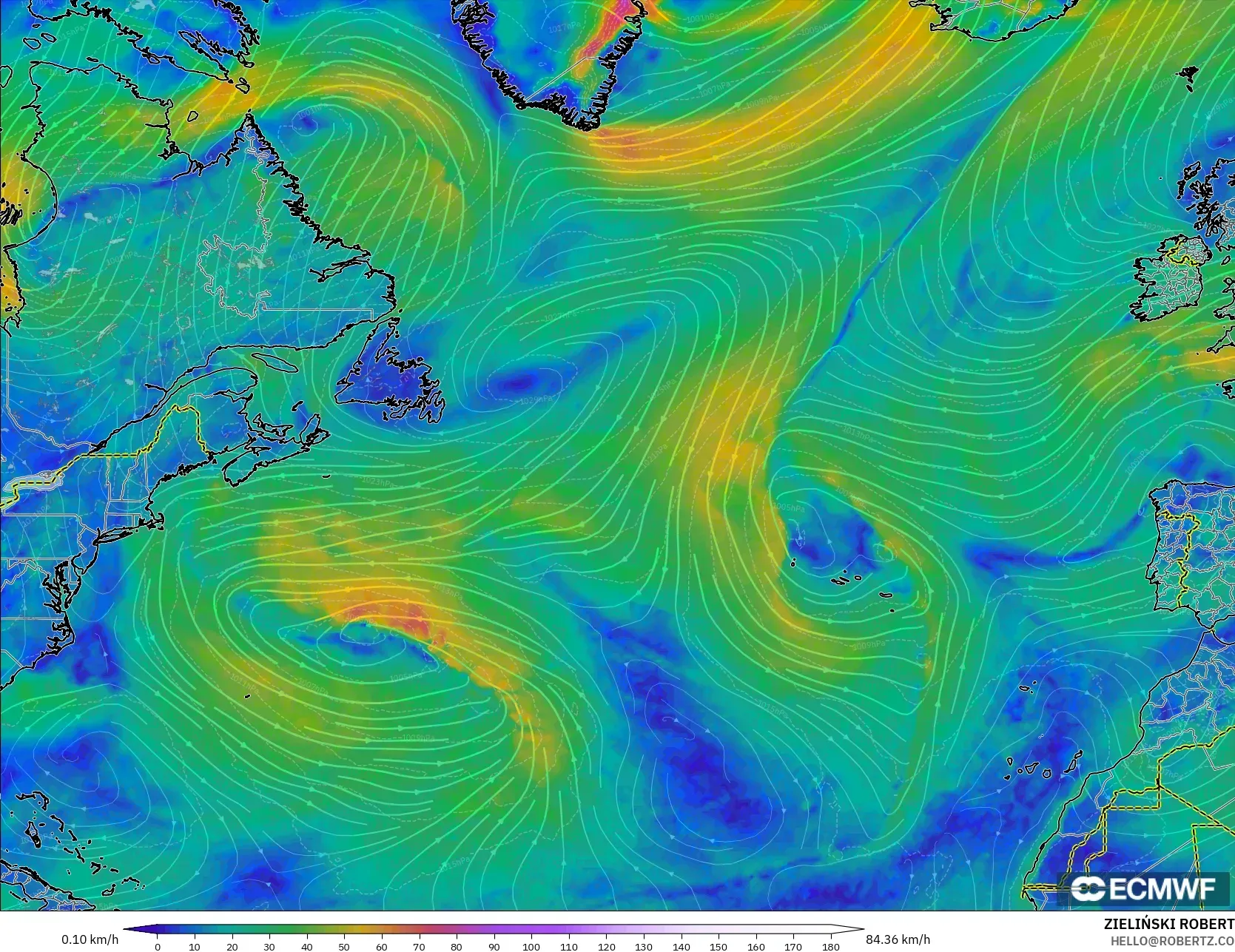 ECMWF IFS 0,25° modelo - Atlântico Norte, Vento a 10 m