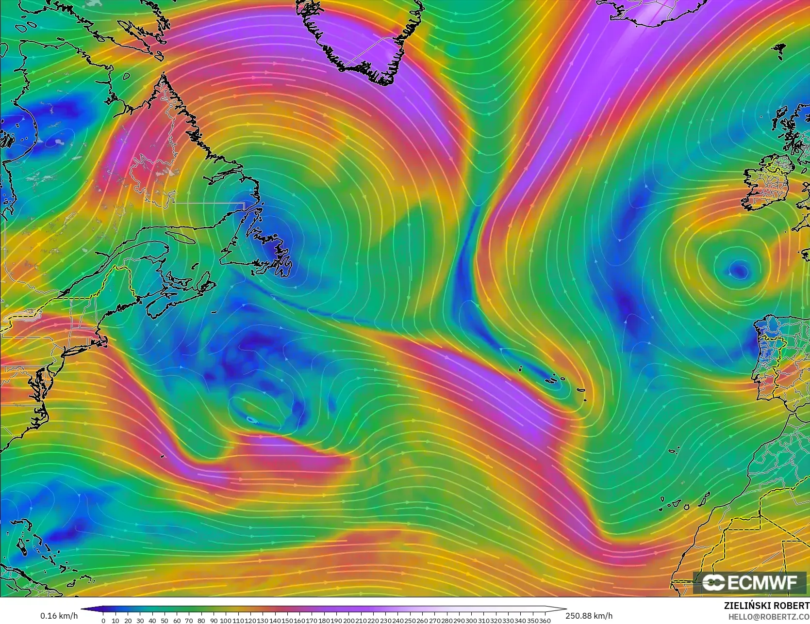 ECMWF IFS 0,25° modelo - Atlântico Norte, Vento a 300 hPa (corrente em jato)