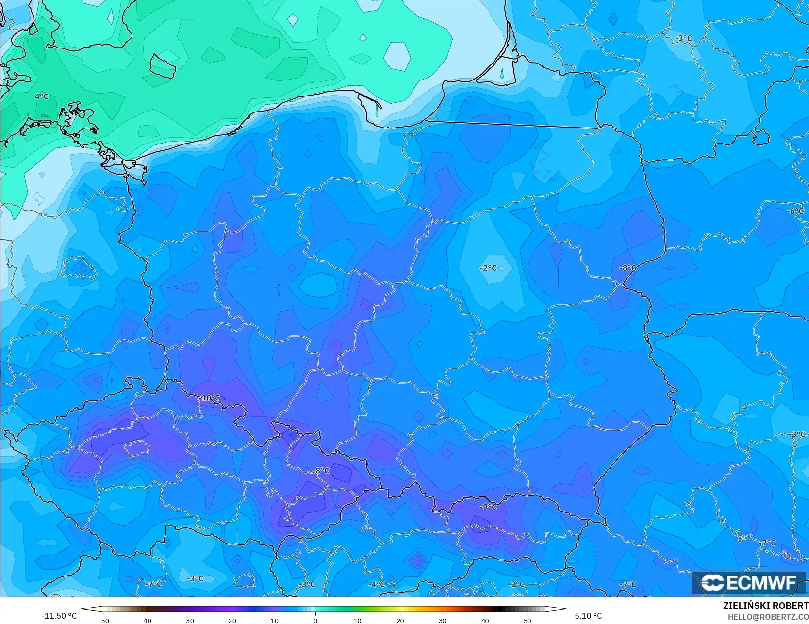 ECMWF IFS 0,25° modelo - Polônia, Ponto de orvalho a 2 m